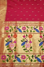 Red Handloom Paithani Pure Silk Triple Muniya Border Saree - Luxurion World