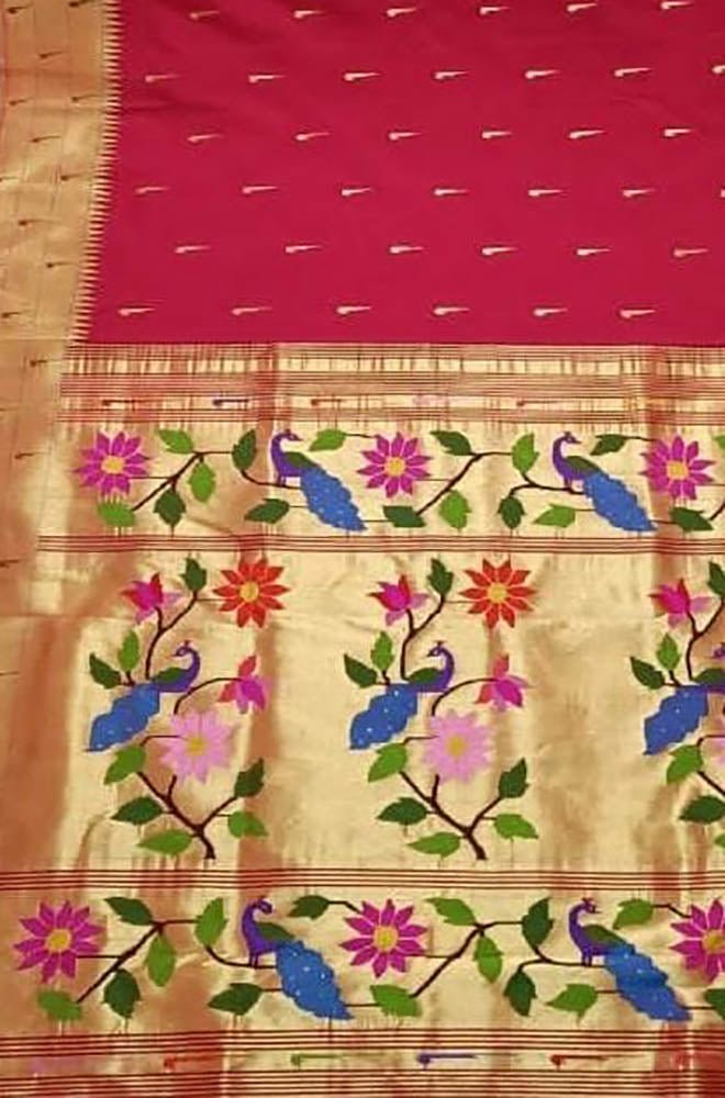 Red Handloom Paithani Pure Silk Triple Muniya Border Saree - Luxurion World