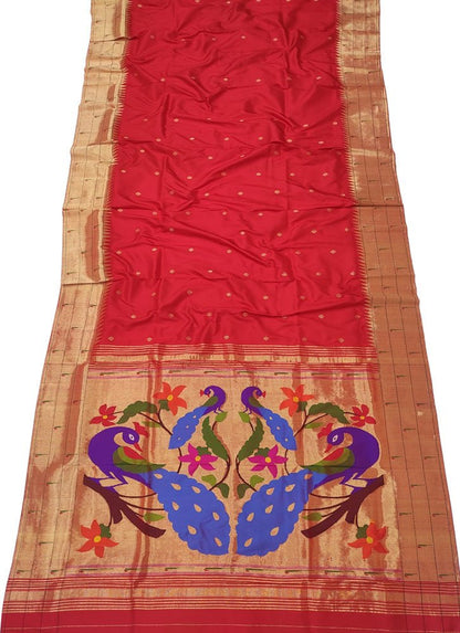 Red Handloom Paithani Pure Silk Triple Muniya Border Saree - Luxurion World