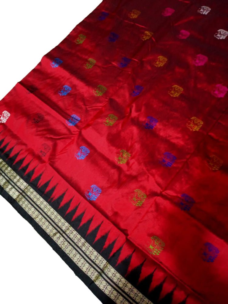 Red Handloom Sambalpuri Double Ikat Silk Saree - Luxurion World