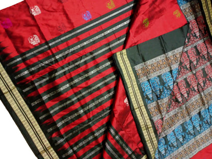 Red Handloom Sambalpuri Double Ikat Silk Saree - Luxurion World
