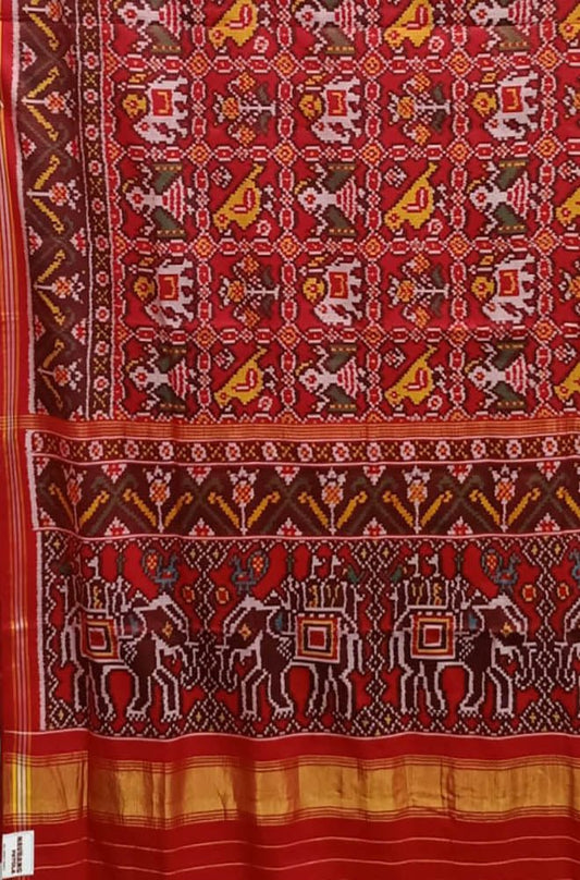 Red Handloom Semi Patan Patola Pure Silk Saree - Luxurion World