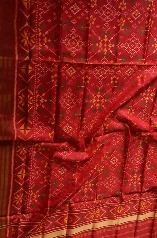 Red Handloom Single Ikat Rajkot Patola Pure Silk Dupatta - Luxurion World