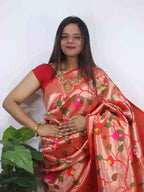 Red Paithani Brocade  Silk Bird And Flower Design Saree - Luxurion World