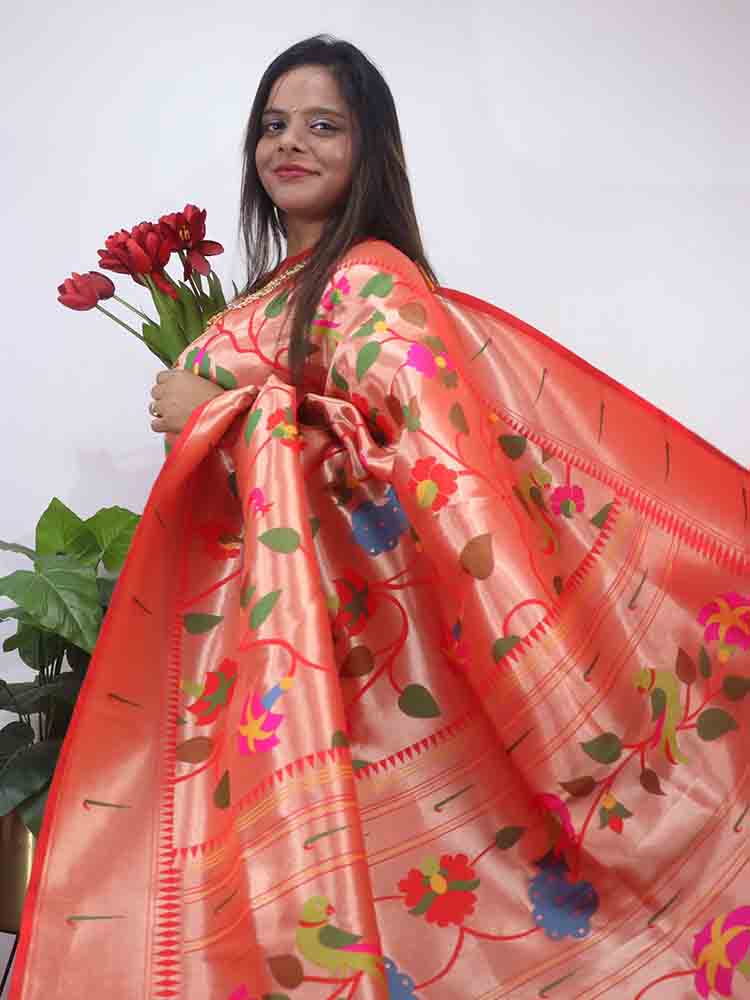 Red Paithani Brocade  Silk Bird And Flower Design Saree - Luxurion World