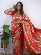Red Paithani Brocade  Silk Bird And Flower Design Saree - Luxurion World