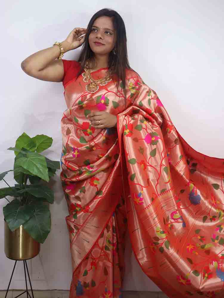 Red Paithani Brocade  Silk Bird And Flower Design Saree - Luxurion World