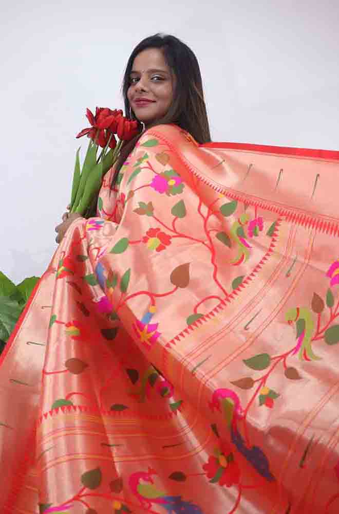 Red Paithani Brocade Silk Bird And Flower Design Saree Luxurionworld