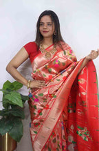 Red Paithani Brocade  Silk Bird And Flower Design Saree - Luxurion World