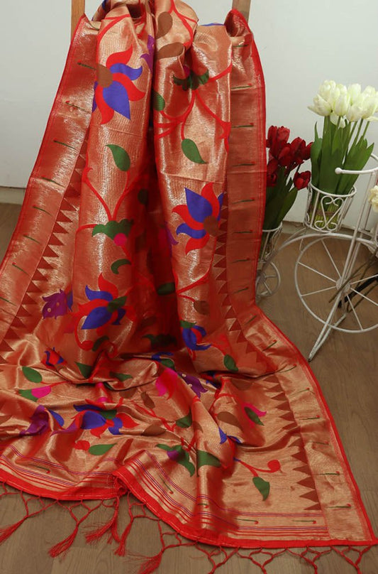 Red Paithani Brocade Silk Floral Design Muniya Border Dupatta - Luxurion World
