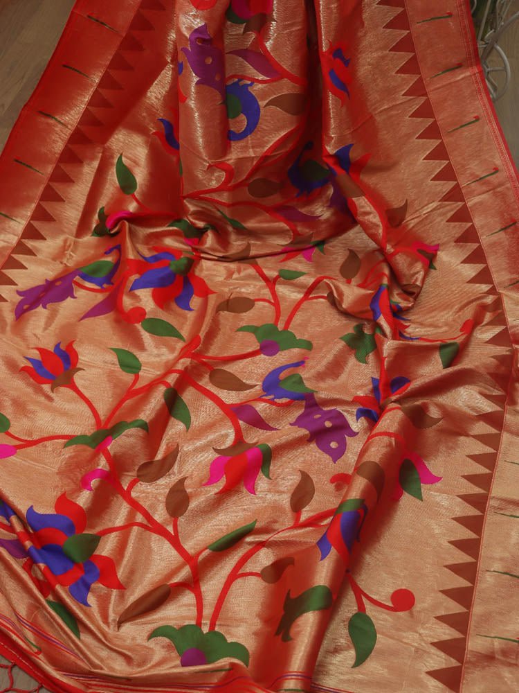 Red Paithani Brocade Silk Floral Design Muniya Border Dupatta - Luxurion World