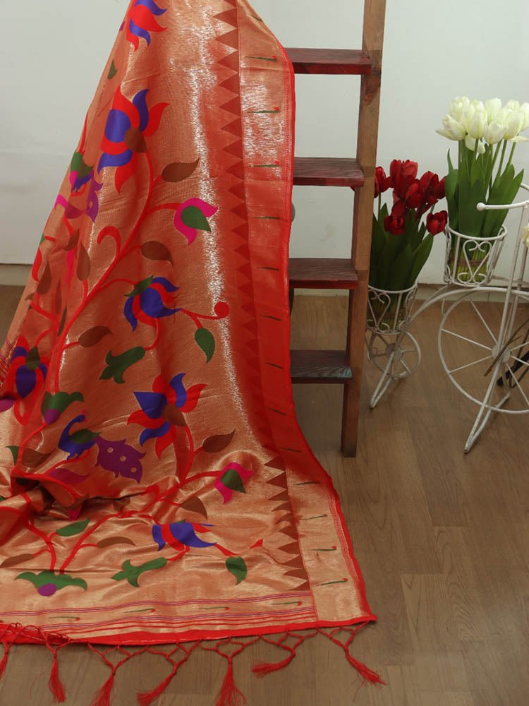 Red Paithani Brocade Silk Floral Design Muniya Border Dupatta - Luxurion World