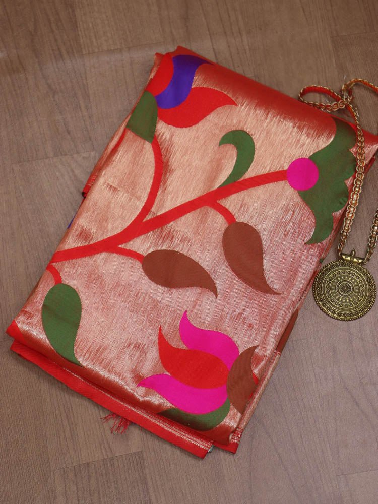 Red Paithani Brocade Silk Floral Design Muniya Border Dupatta - Luxurion World