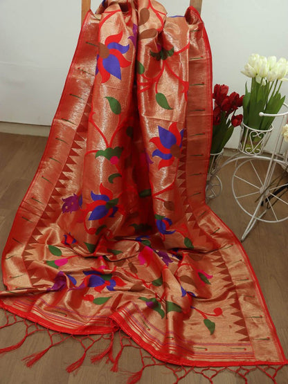 Red Paithani Brocade Silk Floral Design Muniya Border Dupatta Luxurionworld