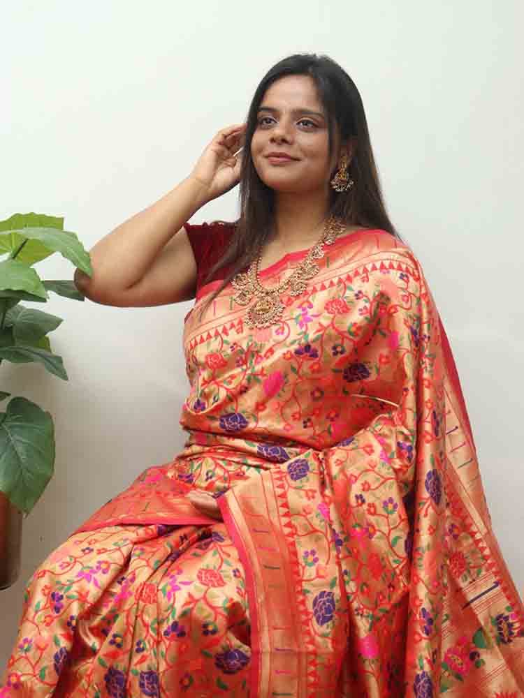 Red Paithani Brocade Silk Flower Design Saree - Luxurion World