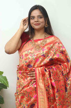 Red Paithani Brocade Silk Flower Design Saree - Luxurion World