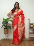 Red Paithani Brocade Silk Flower Design Saree - Luxurion World