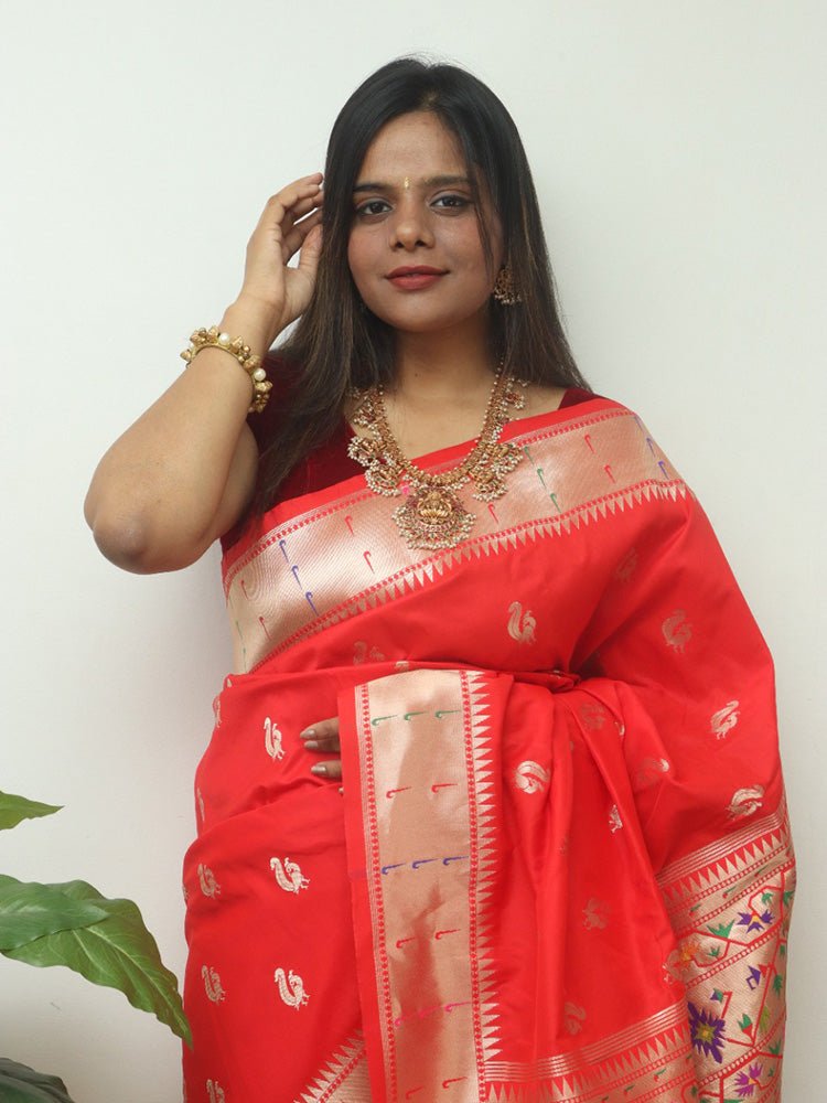 Red Paithani Brocade Silk Flower Design Saree - Luxurion World