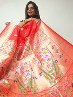 Red Paithani Brocade Silk Flower Design Saree - Luxurion World