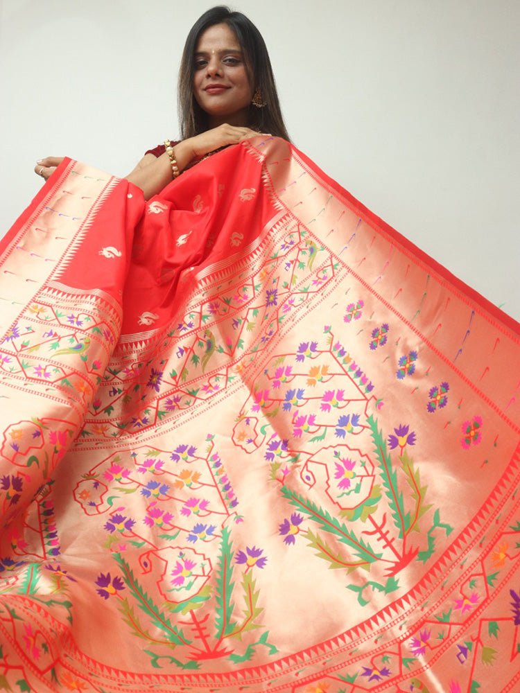 Red Paithani Brocade Silk Flower Design Saree - Luxurion World