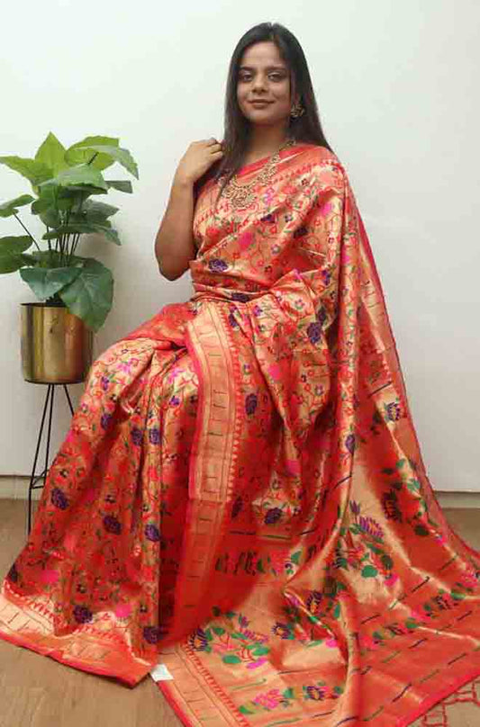 Red Paithani Brocade Silk Flower Design Saree - Luxurion World