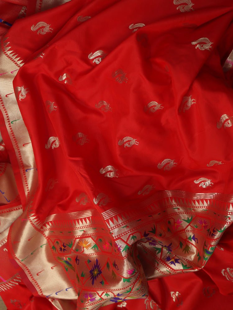 Red Paithani Brocade Silk Flower Design Saree - Luxurion World