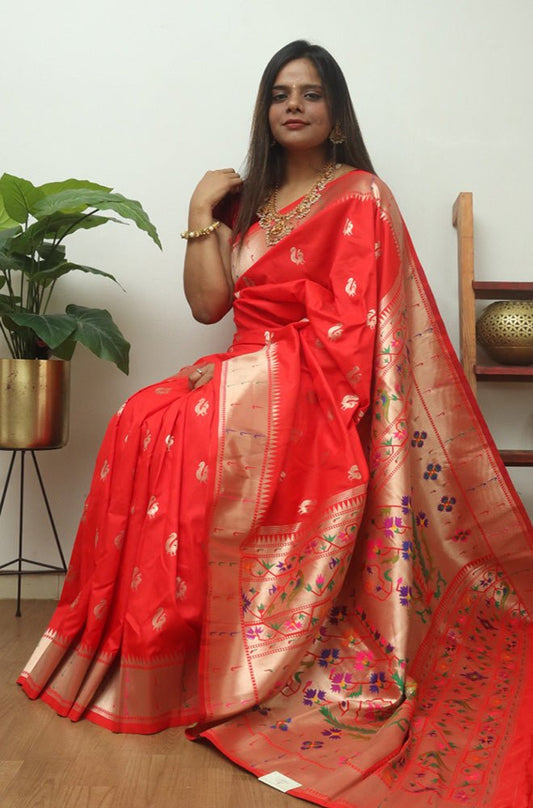Red Paithani Brocade Silk Flower Design Saree - Luxurion World