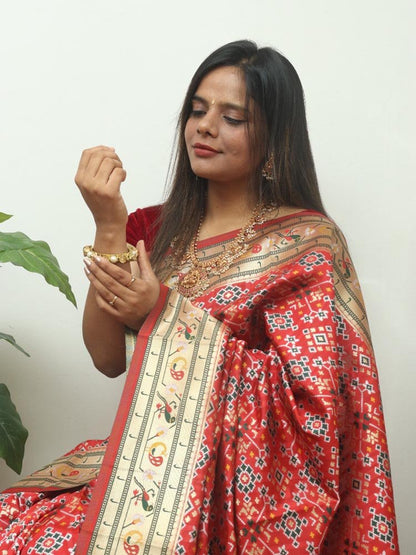 Red Paithani Patola Silk Bird Design Saree