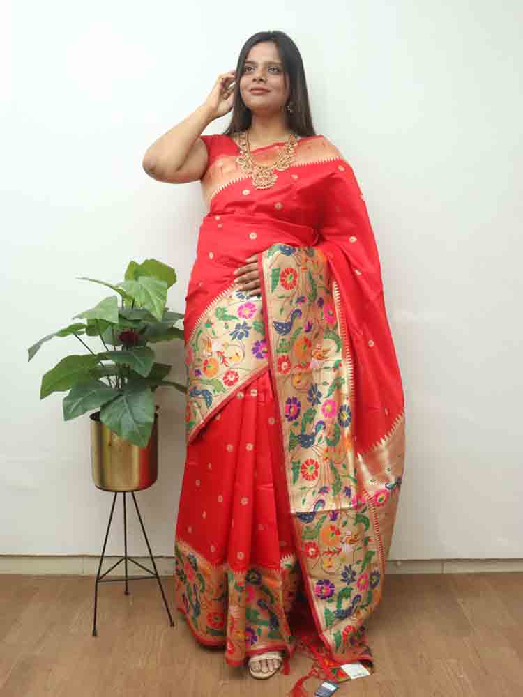 Red Paithani Silk Bird And Flower Design Saree Luxurionworld