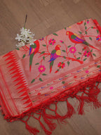 Red Paithani Silk Parrot And Floral Design Dupatta - Luxurion World