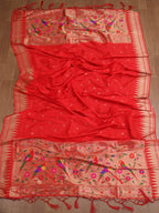 Red Paithani Silk Parrot And Floral Design Dupatta - Luxurion World