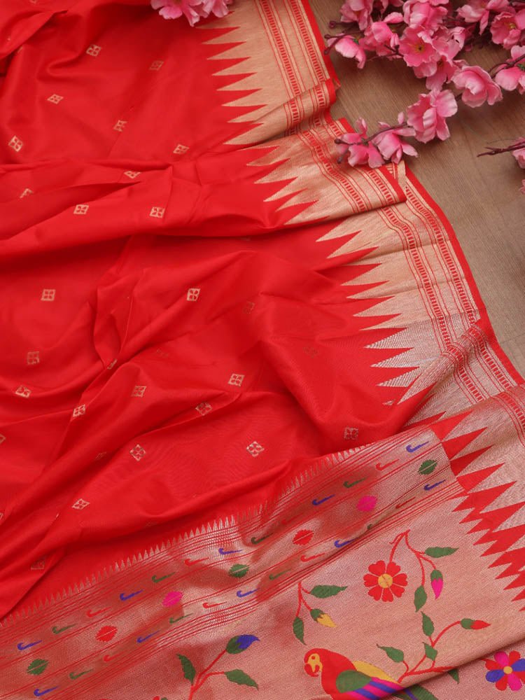 Red Paithani Silk Parrot And Floral Design Dupatta - Luxurion World