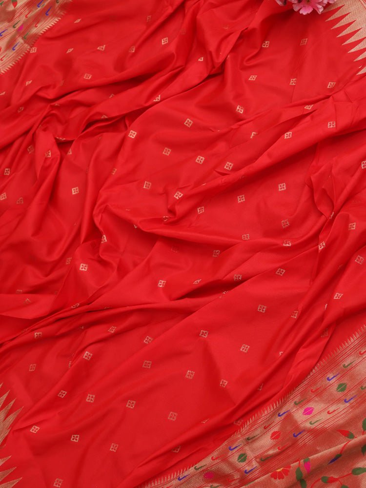 Red Paithani Silk Parrot And Floral Design Dupatta - Luxurion World