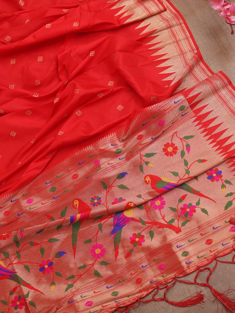 Red Paithani Silk Parrot And Floral Design Dupatta - Luxurion World