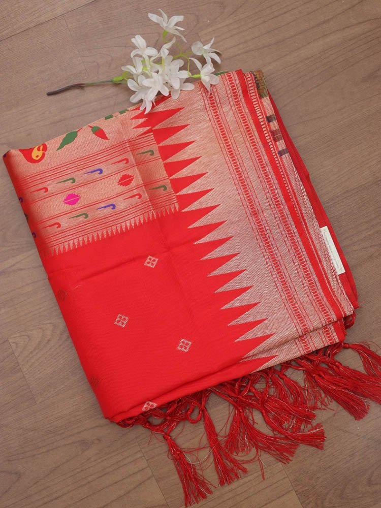 Red Paithani Silk Parrot And Floral Design Dupatta - Luxurion World