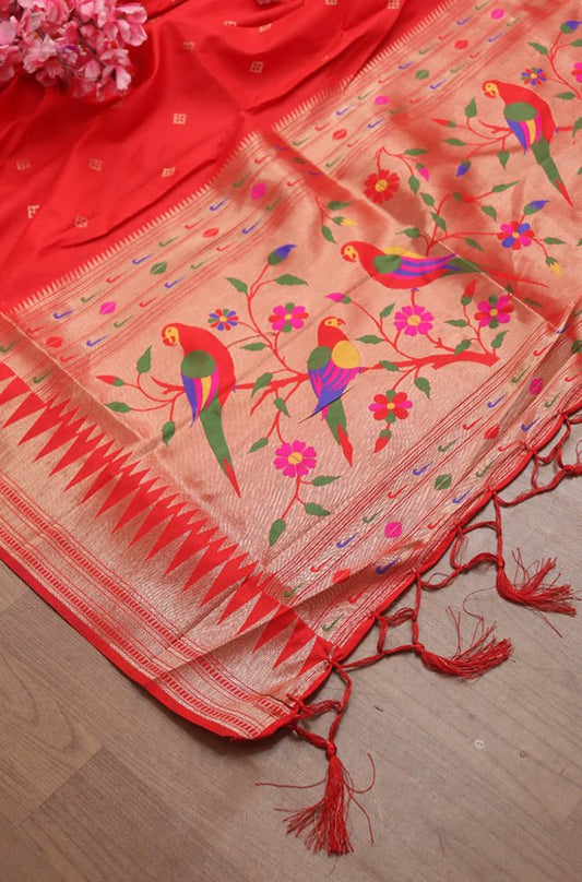 Red Paithani Silk Parrot And Floral Design Dupatta - Luxurion World