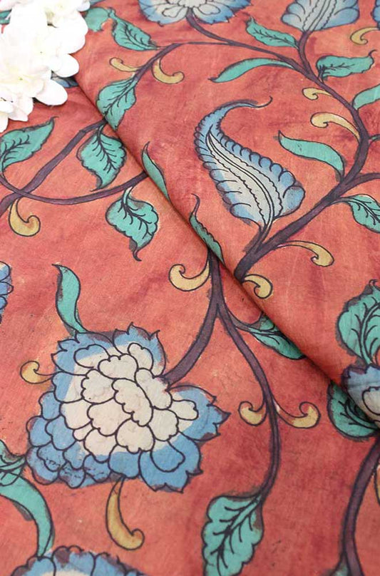 Red Pen Kalamkari Pure Silk Fabric ( 1 Mtr ) - Luxurion World