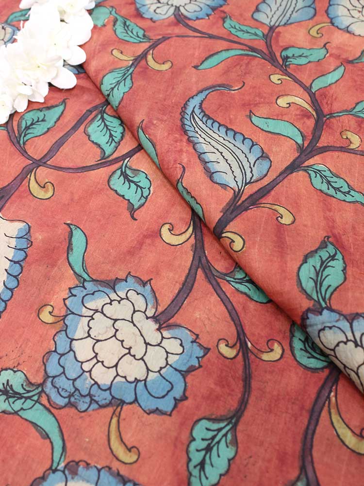 Red Pen Kalamkari Pure Silk Fabric ( 1 Mtr ) - Luxurion World