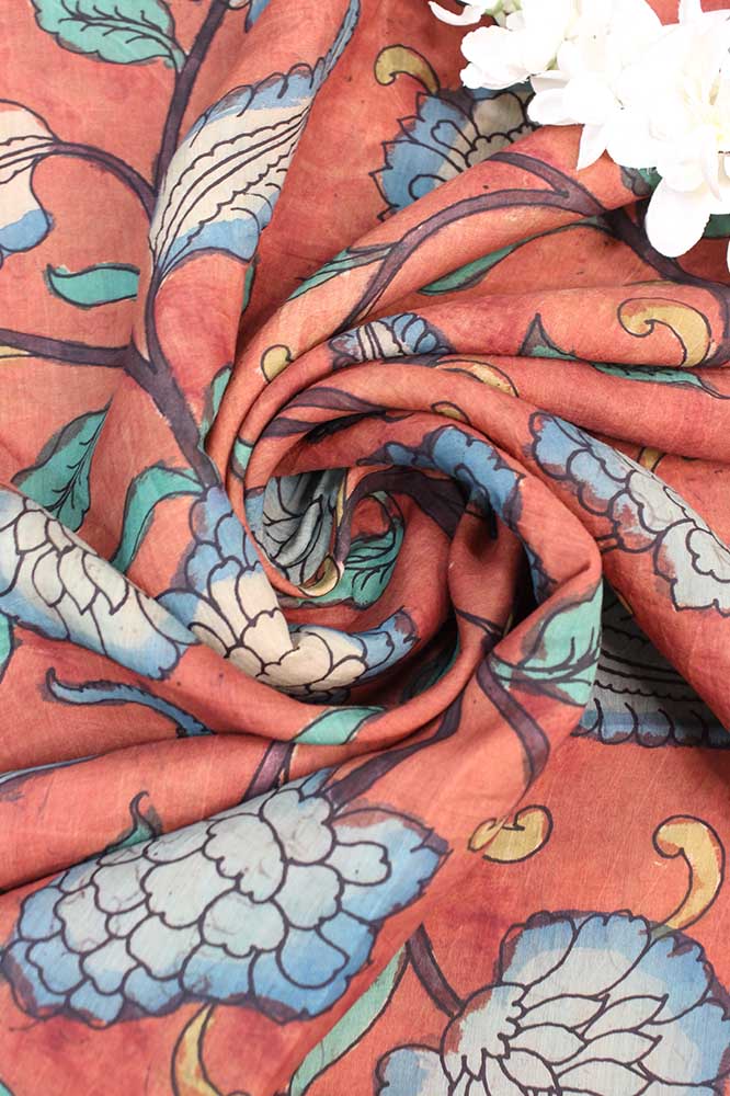 Red Pen Kalamkari Pure Silk Fabric ( 1 Mtr ) - Luxurion World