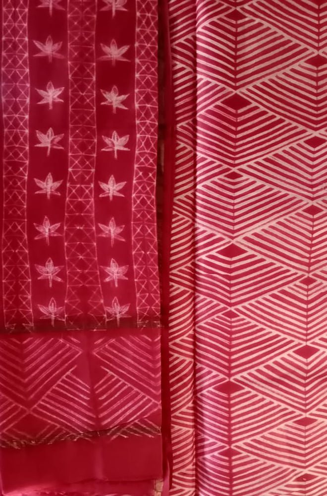 Red Shibori Cotton Silk Two Piece Unstitched Suit Set