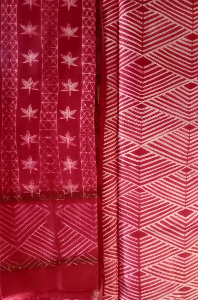 Red Shibori Cotton Silk Two Piece Unstitched Suit Set - Luxurion World