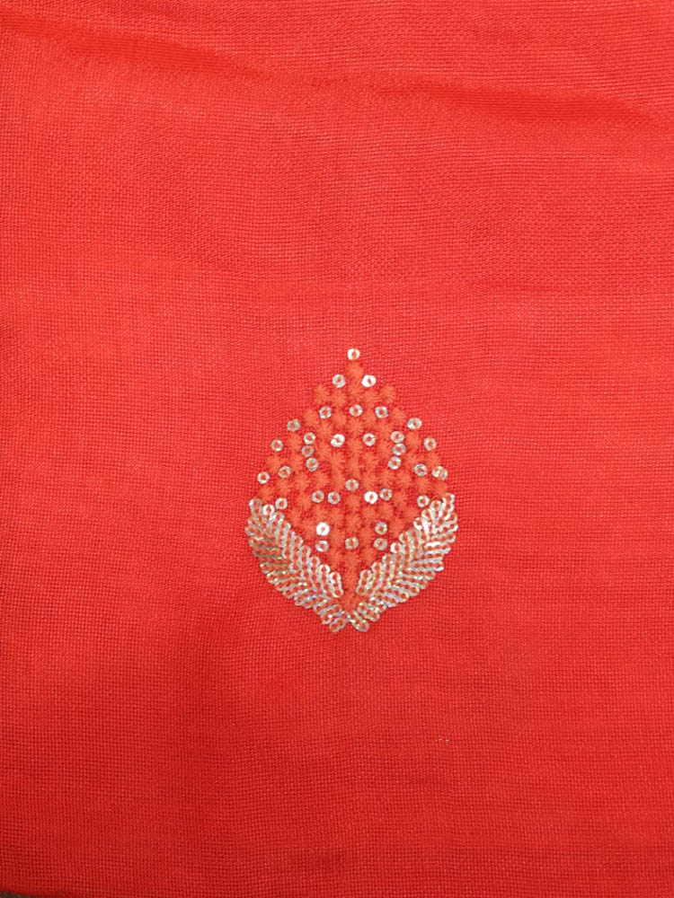 Red Trendy Linen Jute Sequins Work Fabric (1 Mtr)