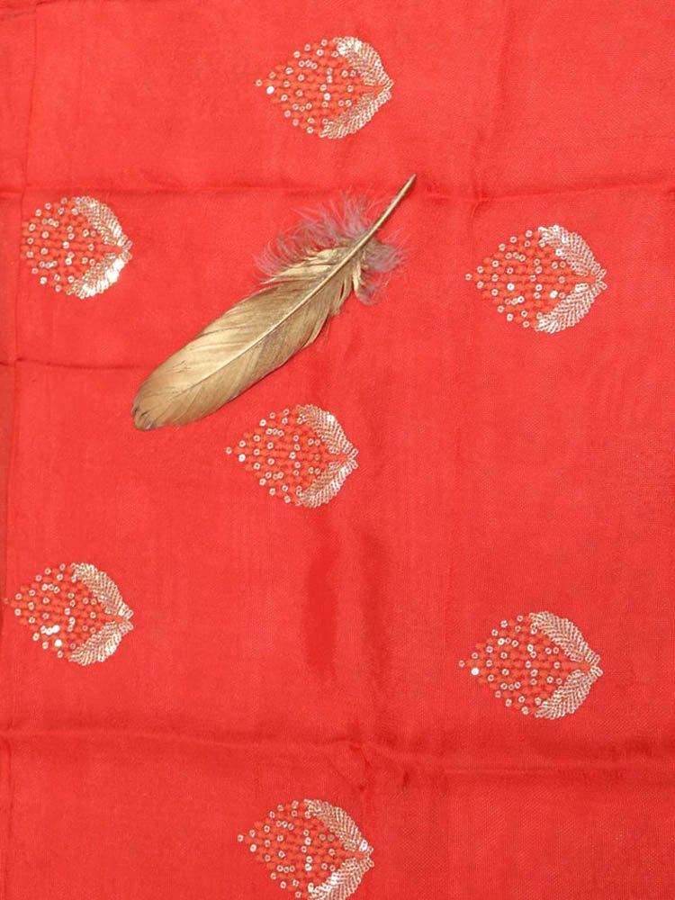 Red Trendy Linen Jute Sequins Work Fabric (0.5 Mtr) - Luxurion World