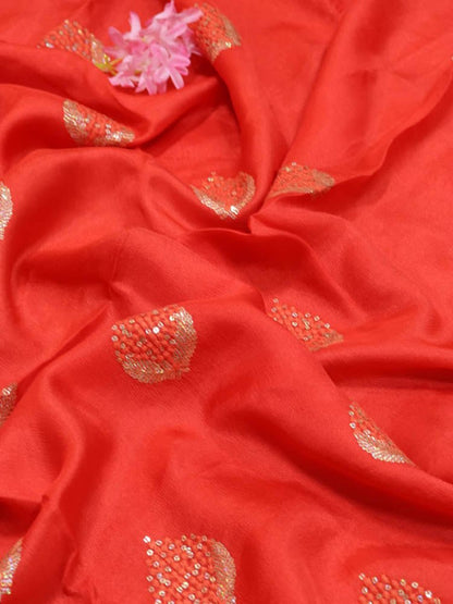 Red Trendy Linen Jute Sequins Work Fabric (1 Mtr)