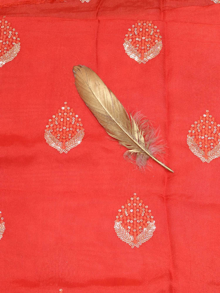 Red Trendy Linen Jute Sequins Work Fabric (0.5 Mtr) - Luxurion World