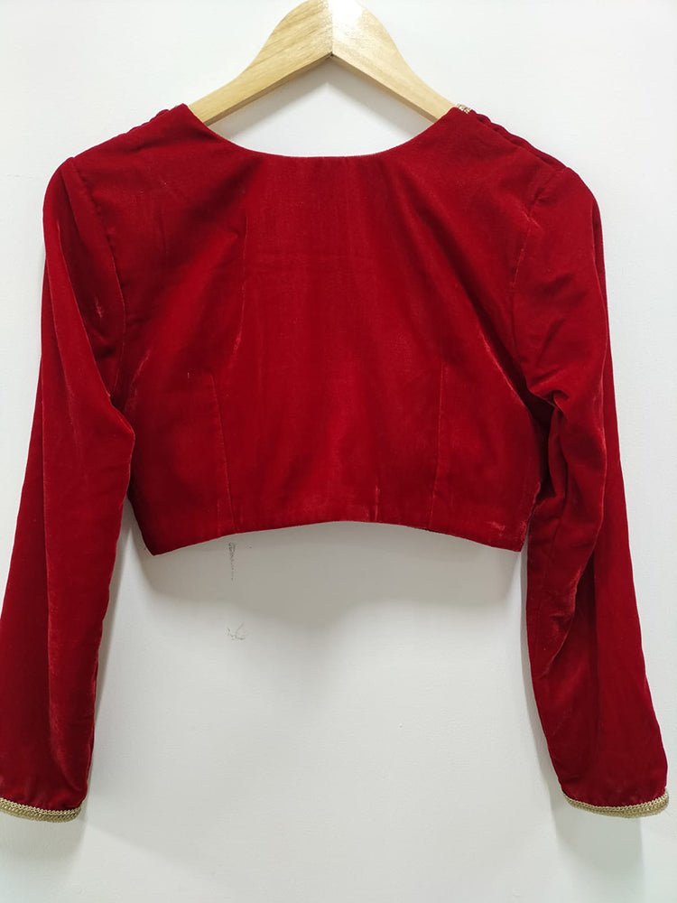 Red Velvet V Neck Full Sleeves Blouse - Luxurion World
