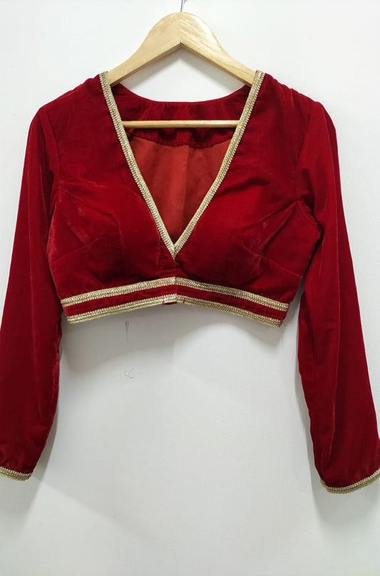 Red Velvet V Neck Full Sleeves Blouse - Luxurion World