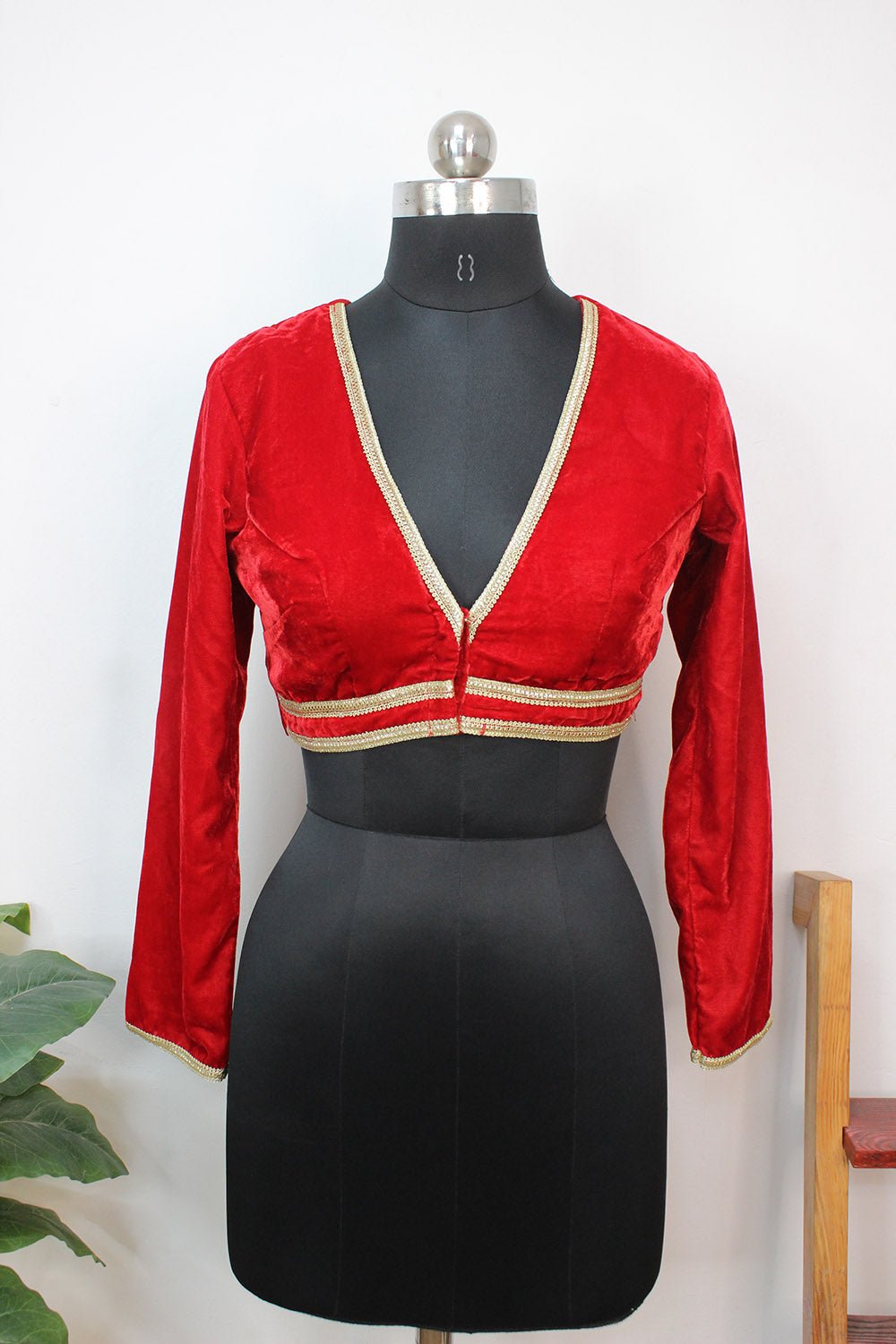 Stylish Red Velvet V-Neck Blouse: Full Sleeves & Trendy Design