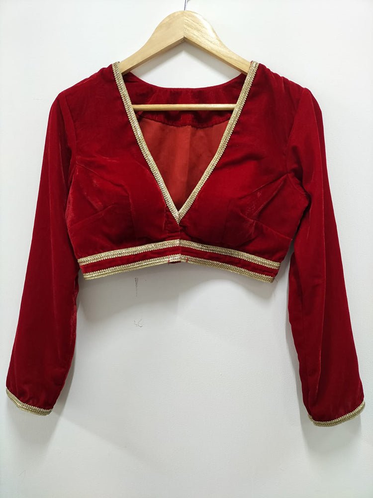 Stylish Red Velvet V-Neck Blouse: Full Sleeves & Trendy Design
