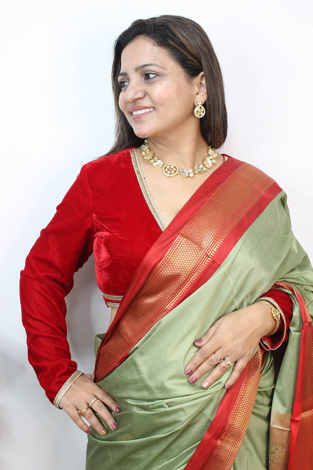 Red Velvet V Neck Full Sleeves Blouse - Luxurion World